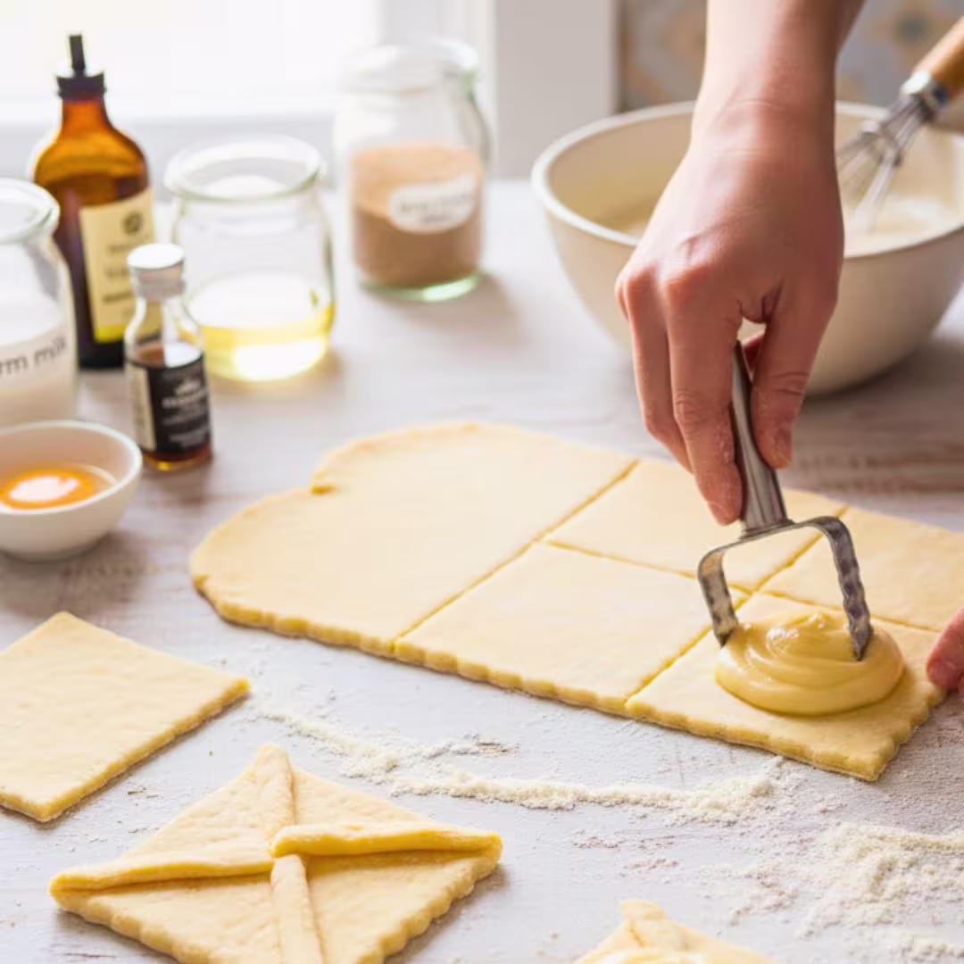 Shirini Danmarki Recipe | Authentic Persian Danish Pastry (Iranian Sweet Pastry) 17 rolling dough and placing custard in the centre