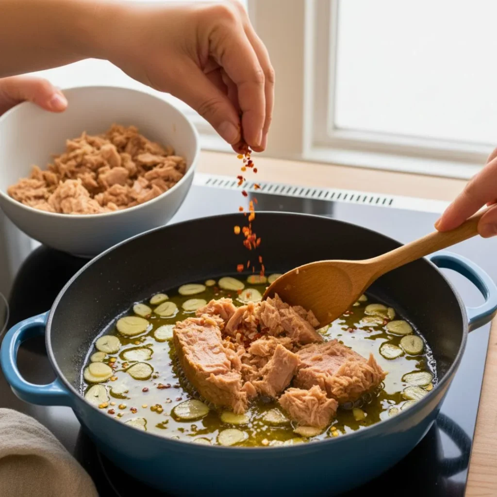 Pasta Aglio e Olio With Tuna Recipe | Easy, Healthy & High-Protein Italian Dinner 16 Draining canned tuna and adding to garlic oil for tuna pasta