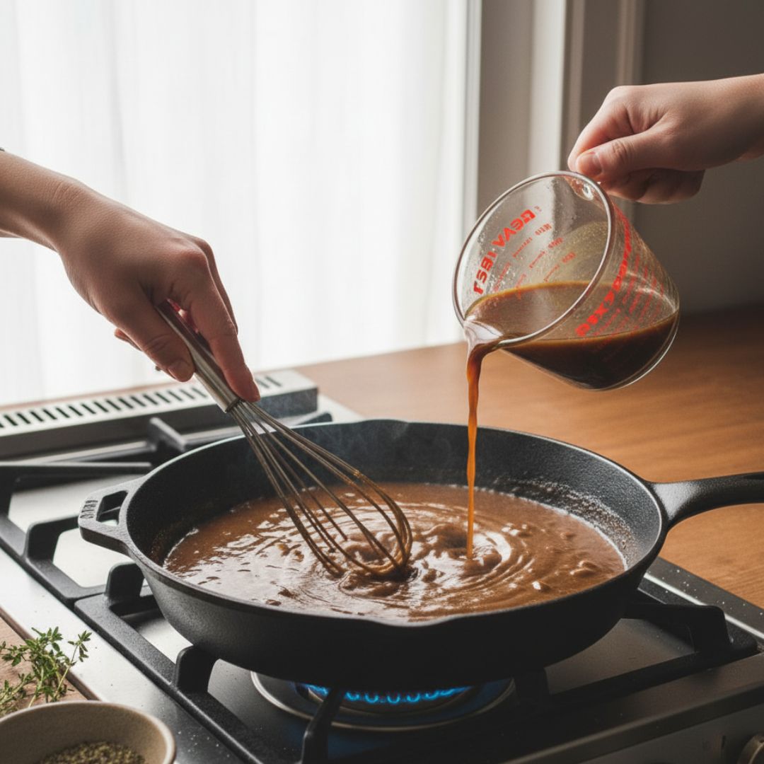 Adding beef broth and Worcestershire to make mushroom gravy