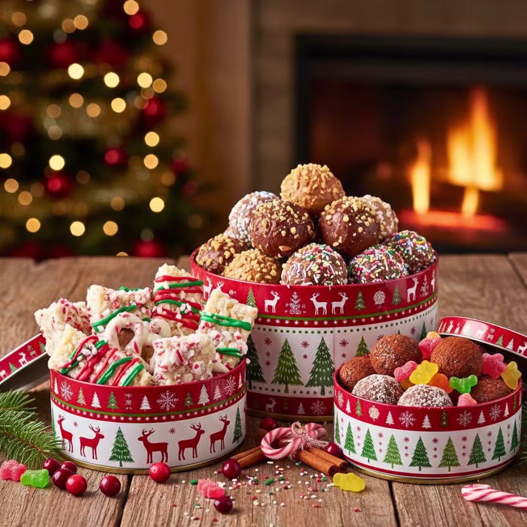 Assortment of no bake Christmas candies in holiday tins