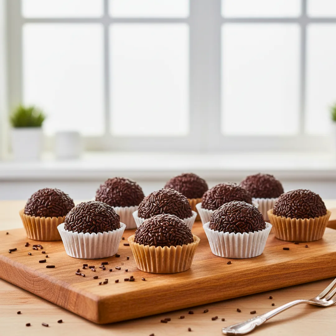Brigadeiros on a wooden board, rolled in chocolate sprinkles and placed in mini liners