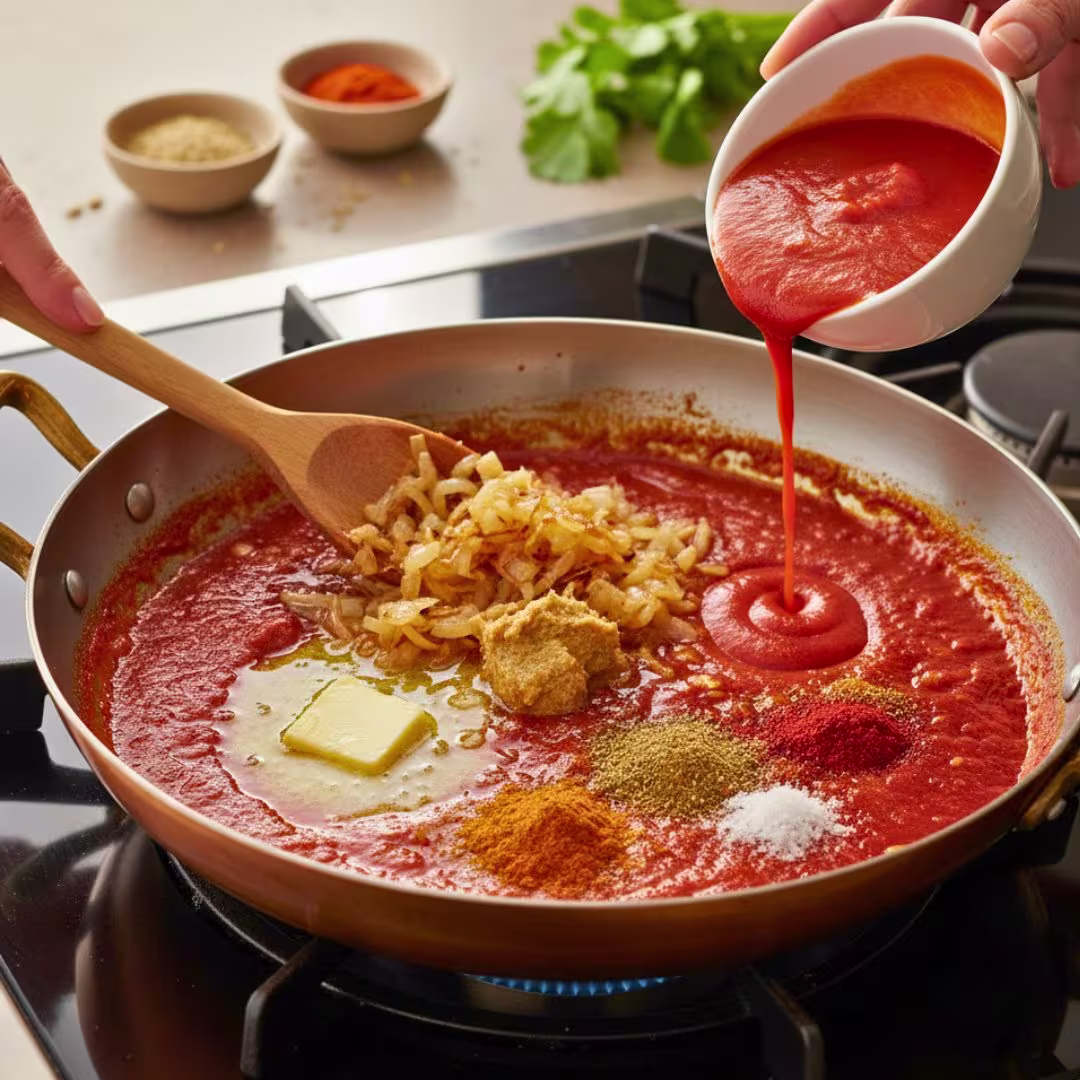 Silky tomato butter sauce being cooked with onions, ginger-garlic paste and spices