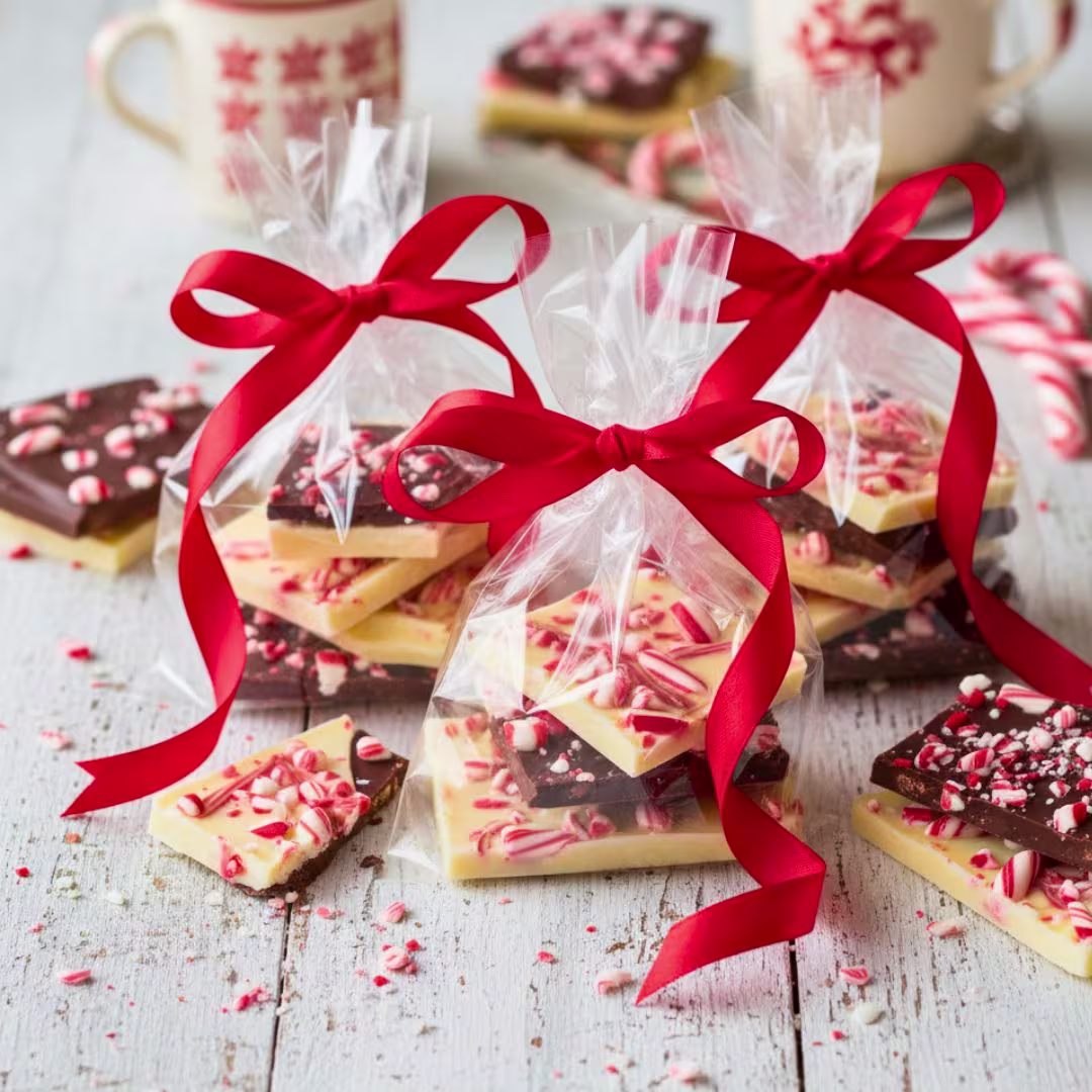 Cellophane bags filled with peppermint bark and tied with red ribbon — DIY gifts