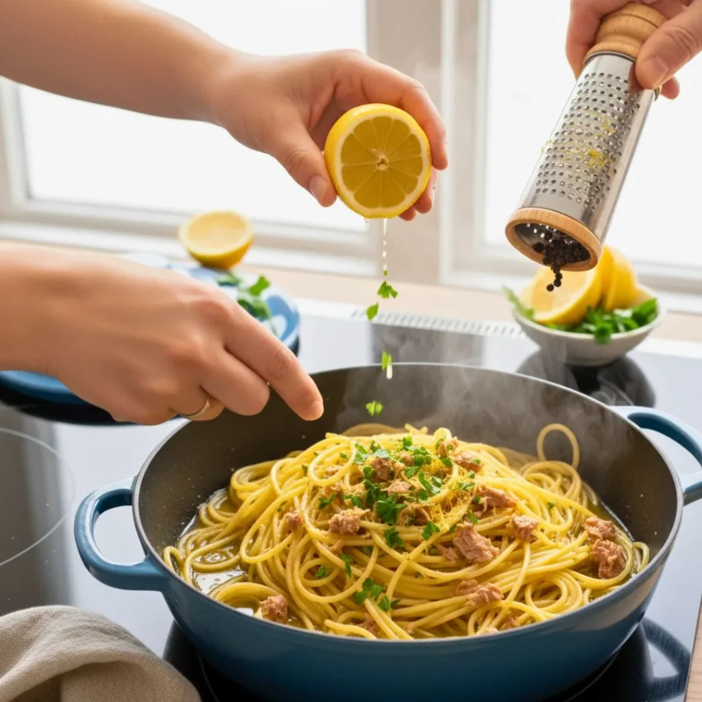 Pasta Aglio e Olio With Tuna Recipe | Easy, Healthy & High-Protein Italian Dinner 18 Finished pasta aglio e olio with tuna garnished with parsley and lemon zest