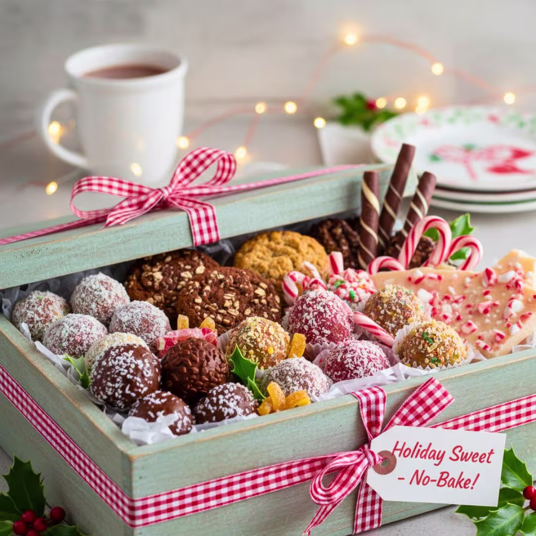 Gift box with assorted no-bake holiday candy — gift packaging supplies