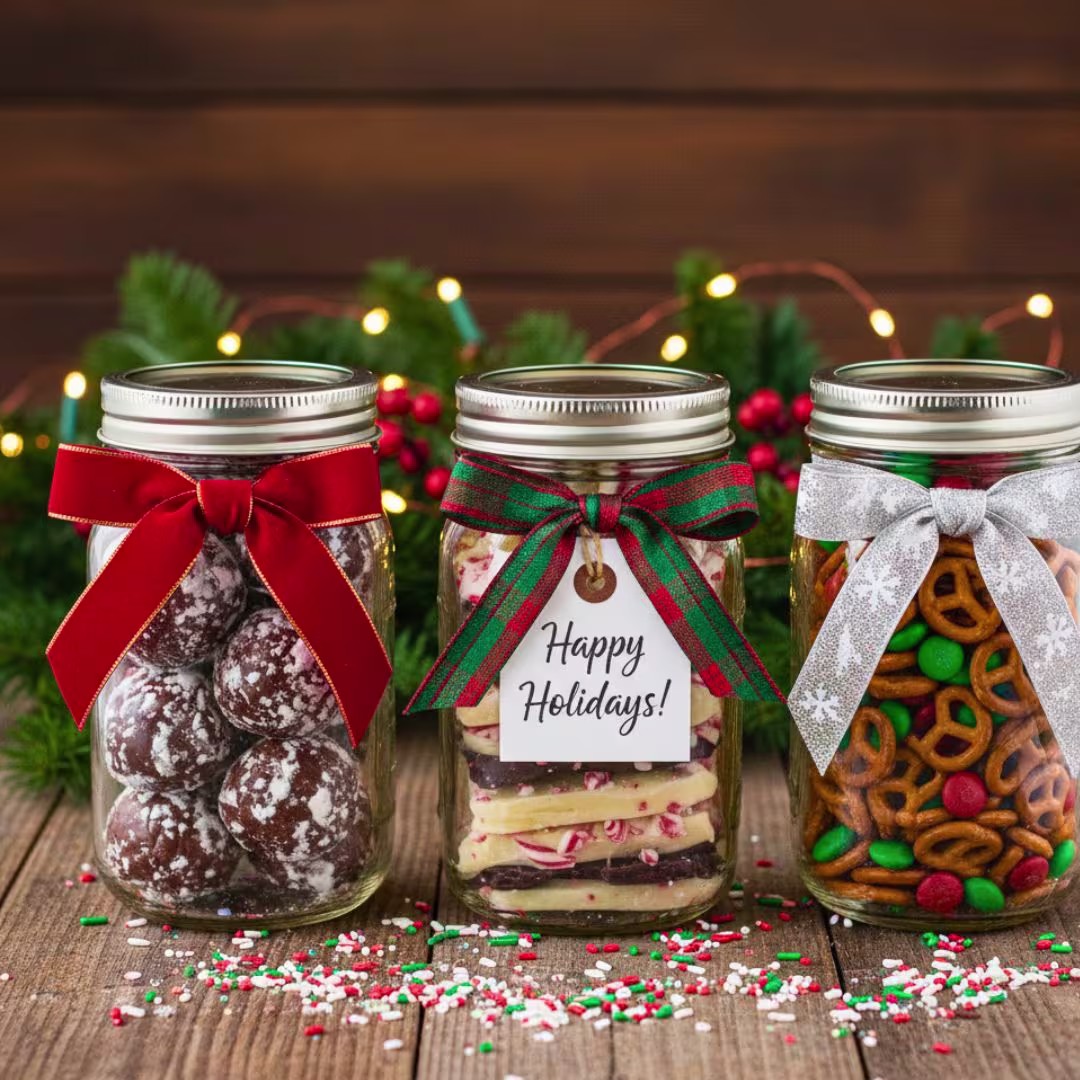 Mason jars of no-bake Christmas candies in festive ribbons — no bake Christmas candies packaging
