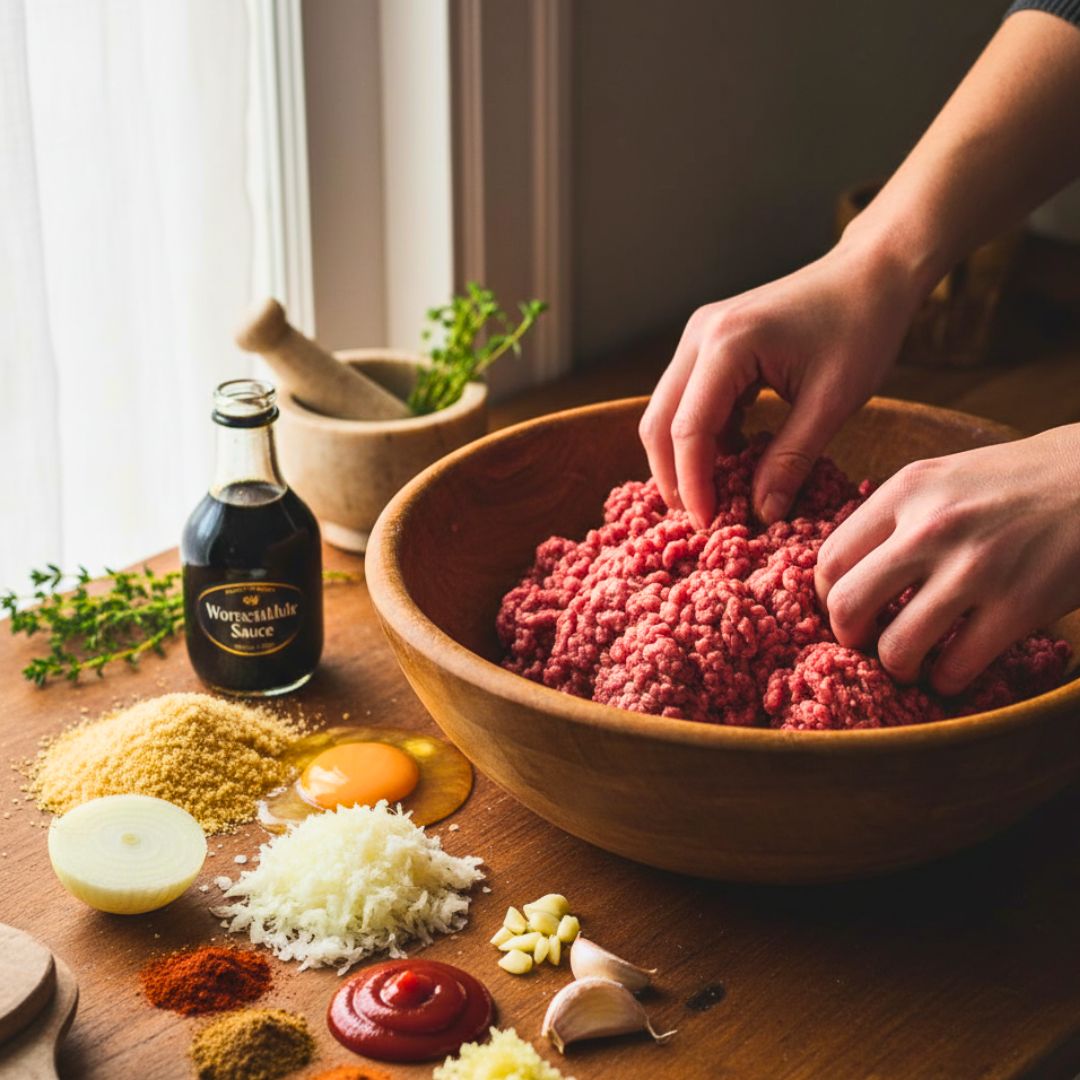 Mixing seasoned ground beef for Salisbury steak