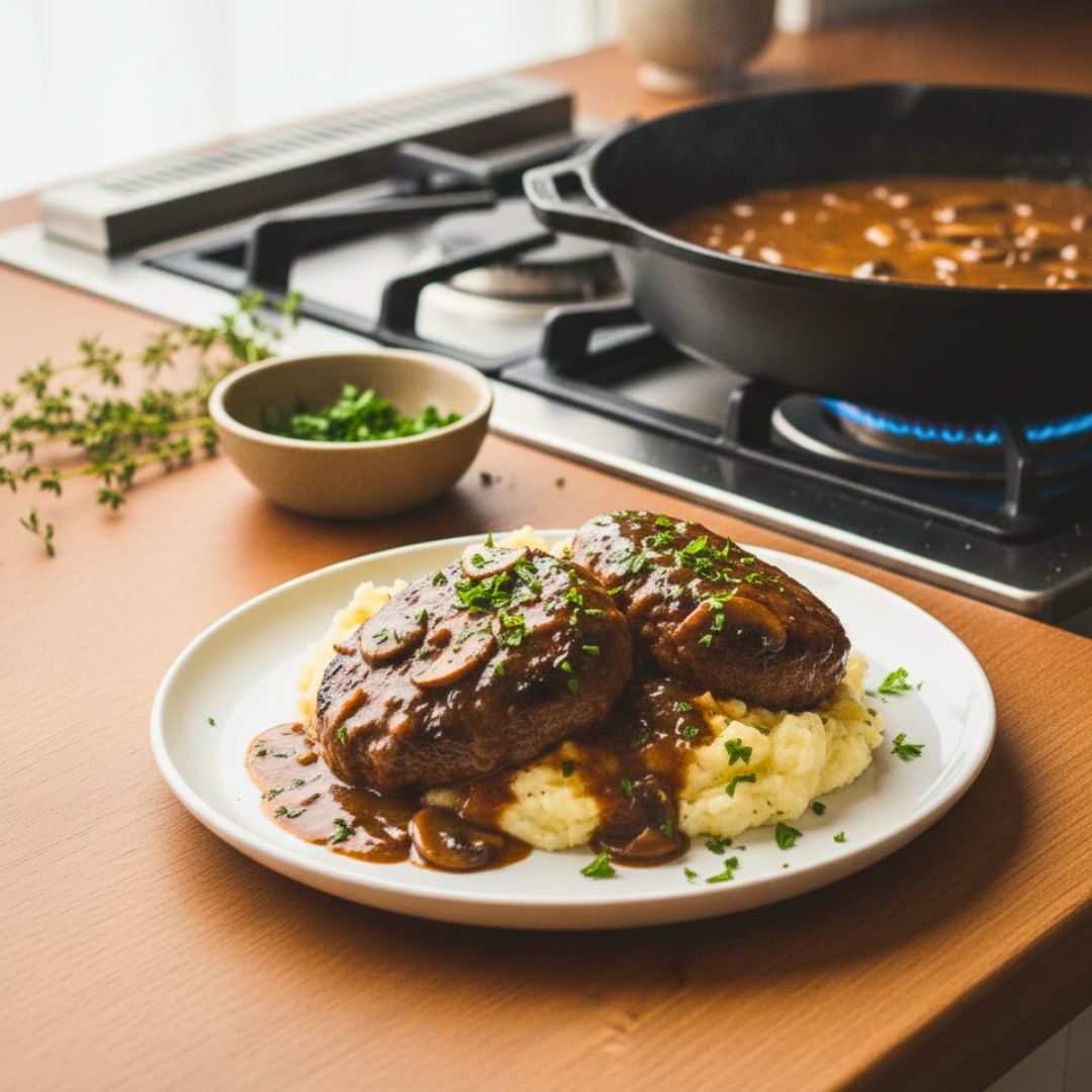 Plated Salisbury steak with mushroom gravy and mashed potatoes