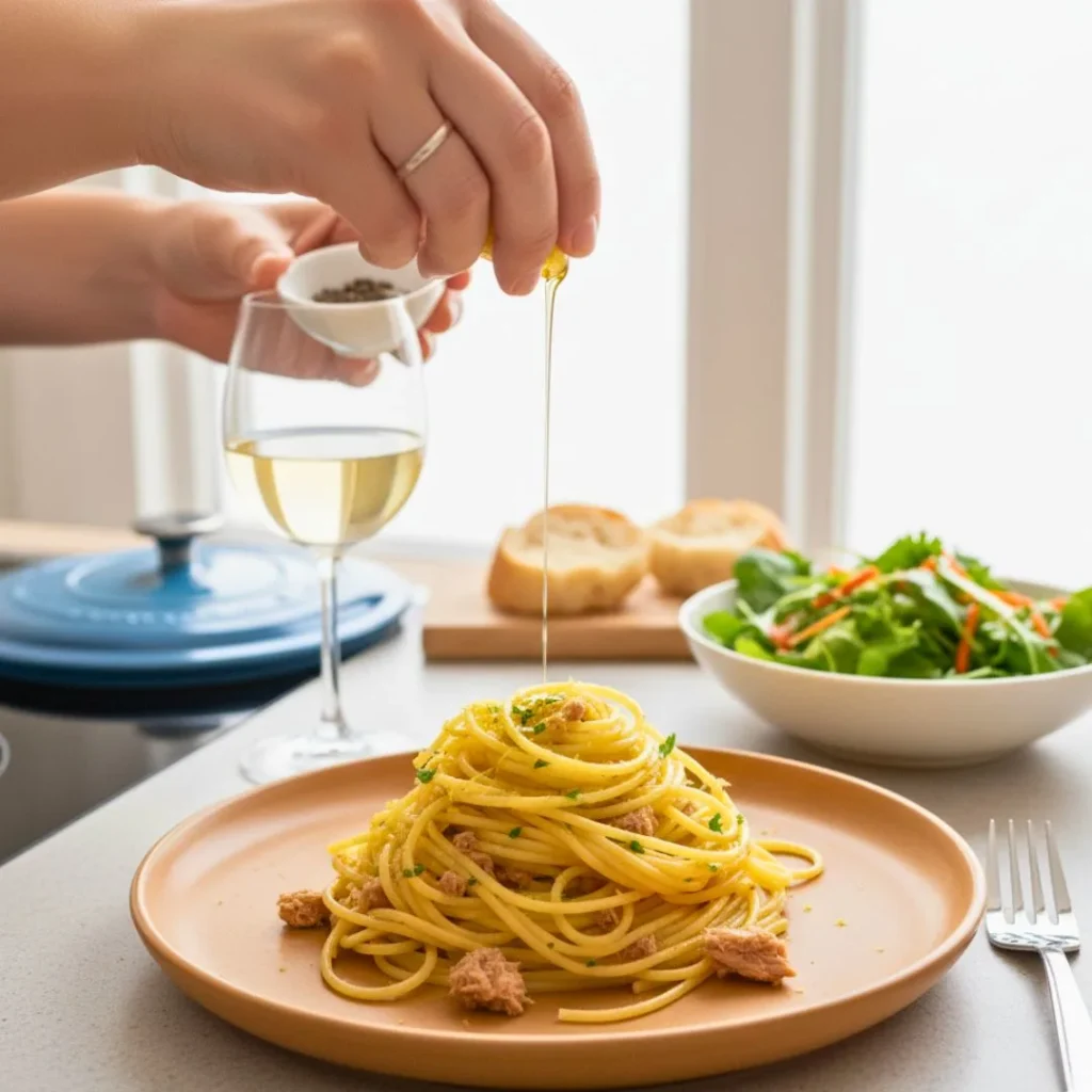 Pasta Aglio e Olio With Tuna Recipe | Easy, Healthy & High-Protein Italian Dinner 19 Plated pasta aglio e olio with tuna, parsley, lemon and olive oil drizzle