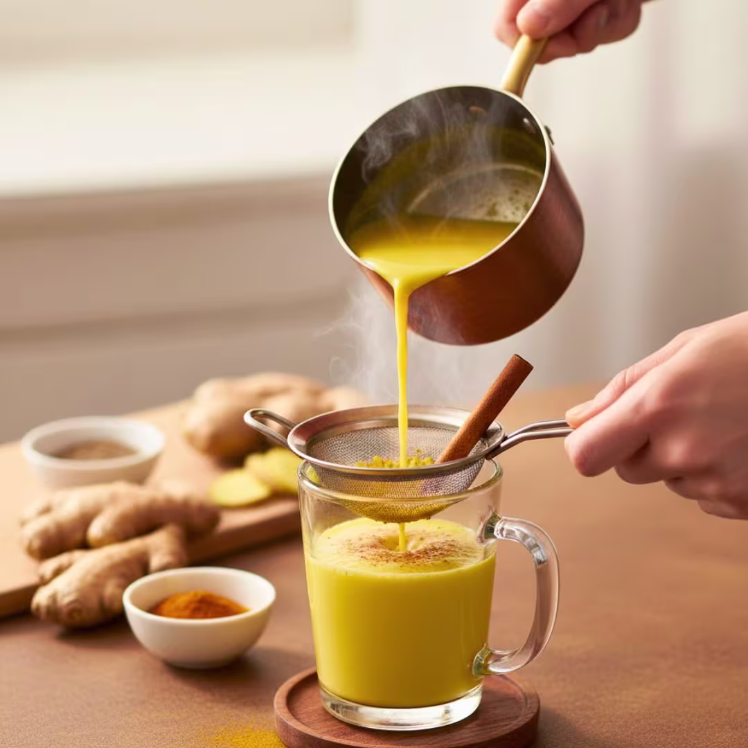 Pouring golden milk into a mug