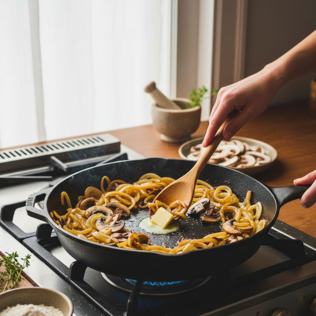 Sautéing mushrooms and onions for gravy