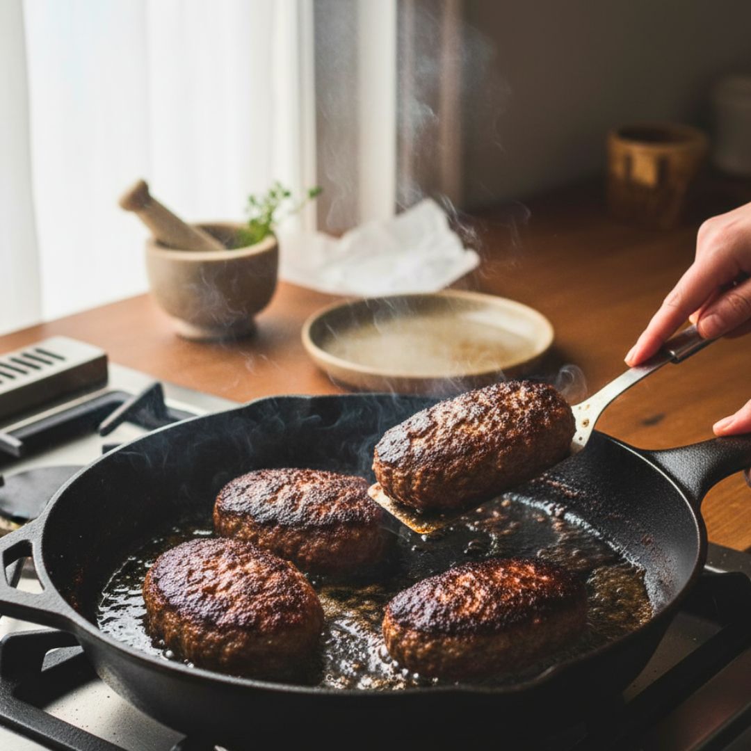 Searing Salisbury steak patties in a skillet