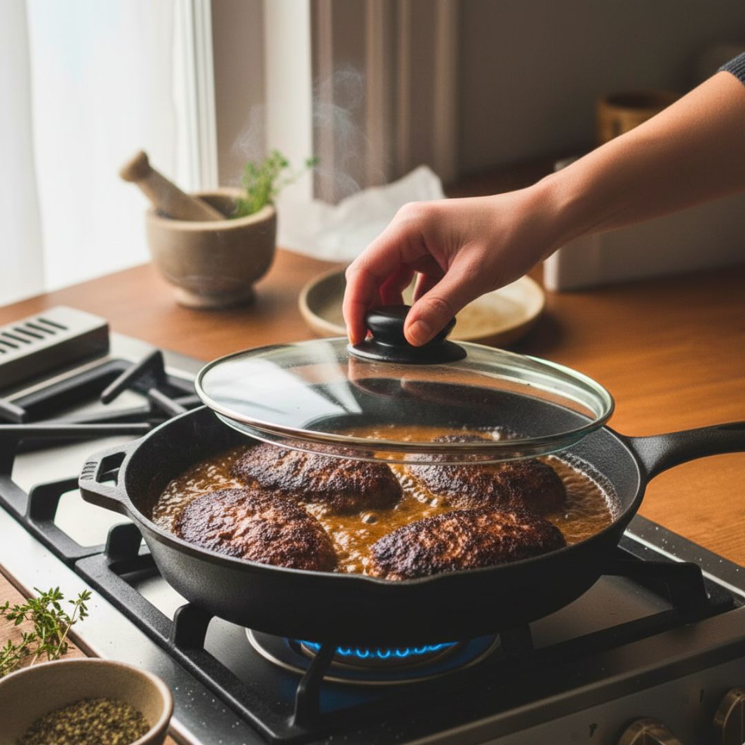 Simmering Salisbury steaks in mushroom gravy