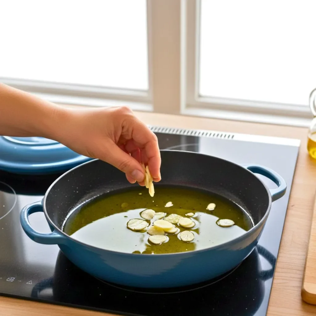 Pasta Aglio e Olio With Tuna Recipe | Easy, Healthy & High-Protein Italian Dinner 15 Sliced garlic gently frying in olive oil for aglio e olio