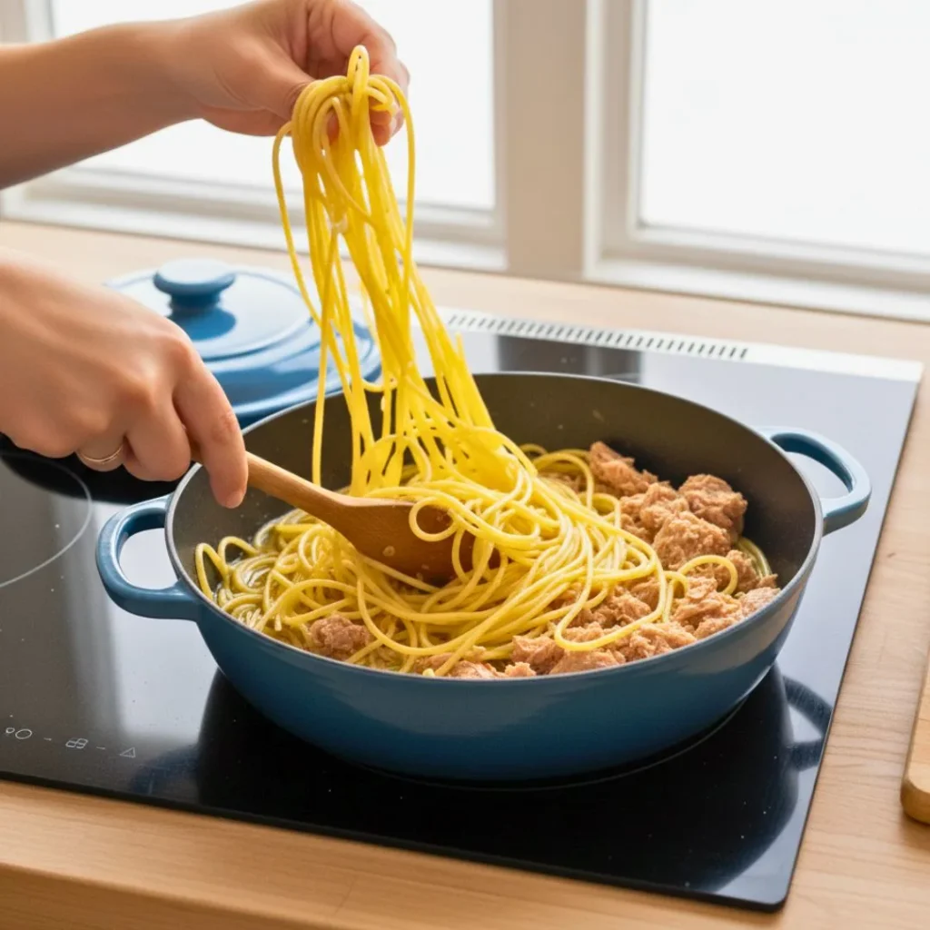 Pasta Aglio e Olio With Tuna Recipe | Easy, Healthy & High-Protein Italian Dinner 17 Tossing spaghetti in garlic oil and reserved pasta water to emulsify the sauce