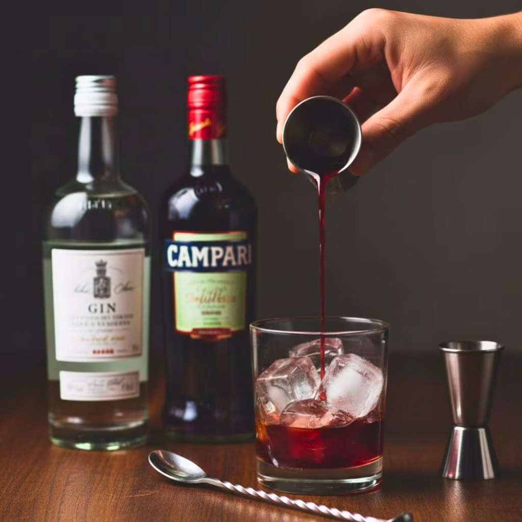 Adding gin, Campari, and vermouth over ice in a mixing glass