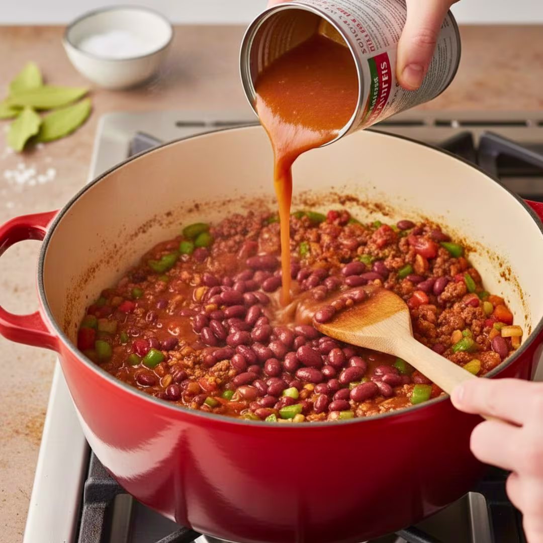 Adding diced tomatoes and beans to the pot