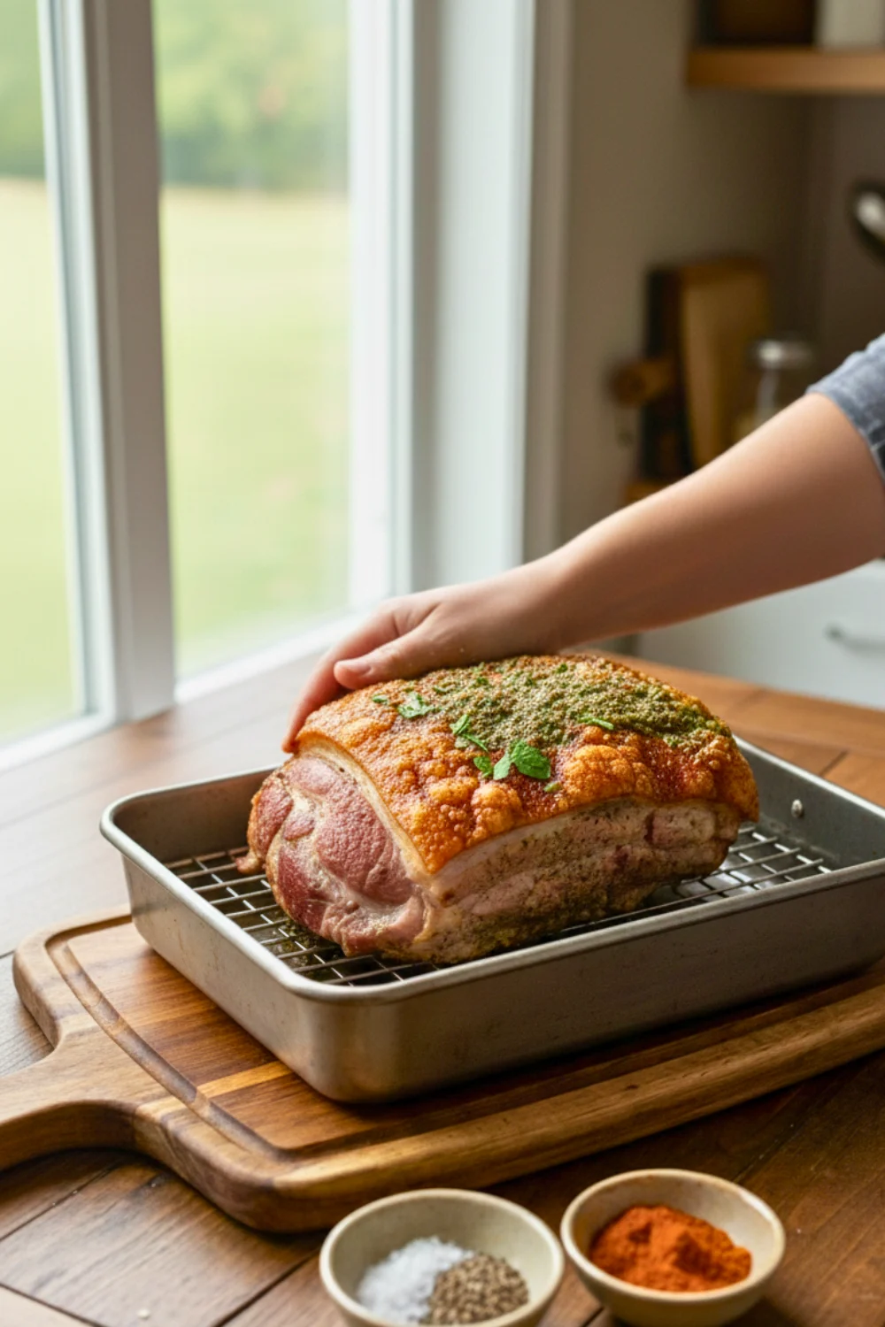 Step 6 - blasting pernil at high heat to crisp the skin into chicharrón