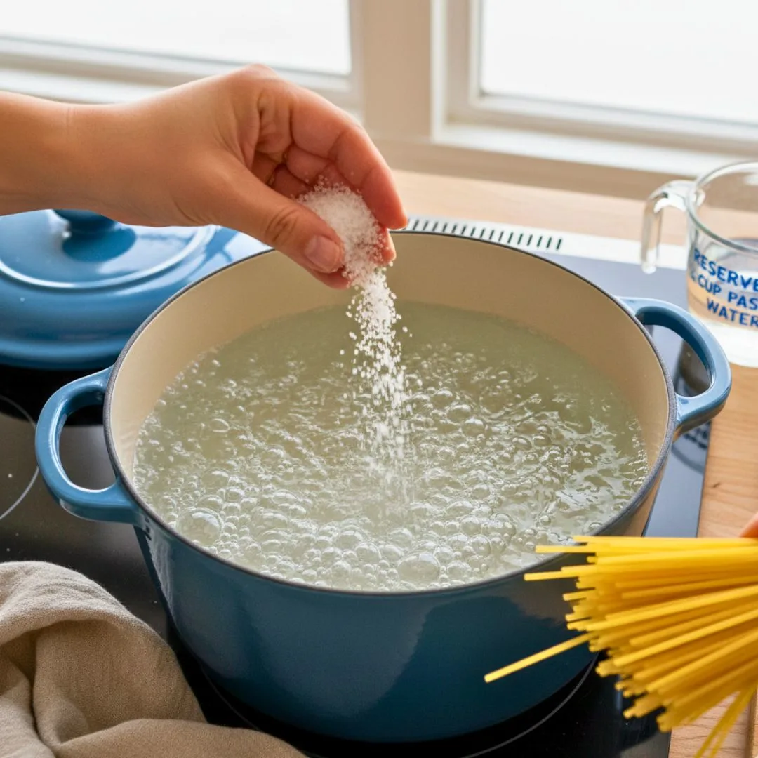 Pasta Aglio e Olio With Tuna Recipe | Easy, Healthy & High-Protein Italian Dinner 14 Pot of boiling salted water with spaghetti going in - step 1 al dente