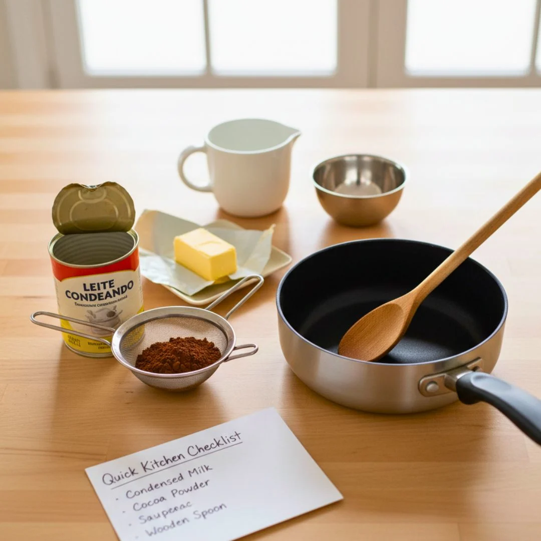 Ingredients for brigadeiro: condensed milk, cocoa powder, butter