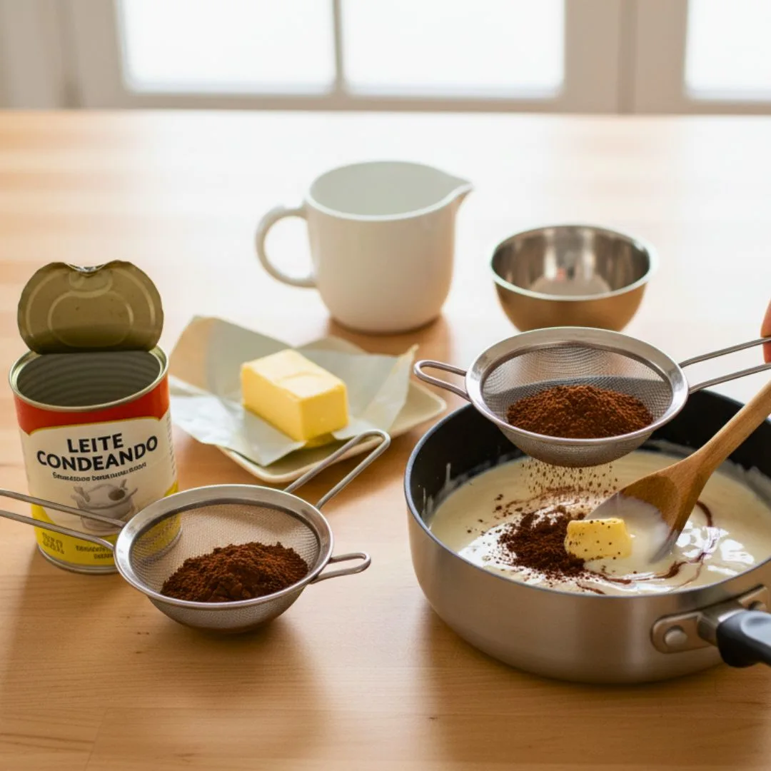 Mixing condensed milk, cocoa and butter in pan for brigadeiro