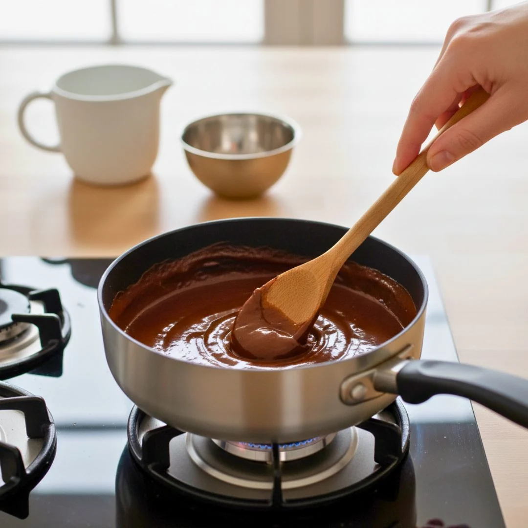 Cooking brigadeiro mixture until thick
