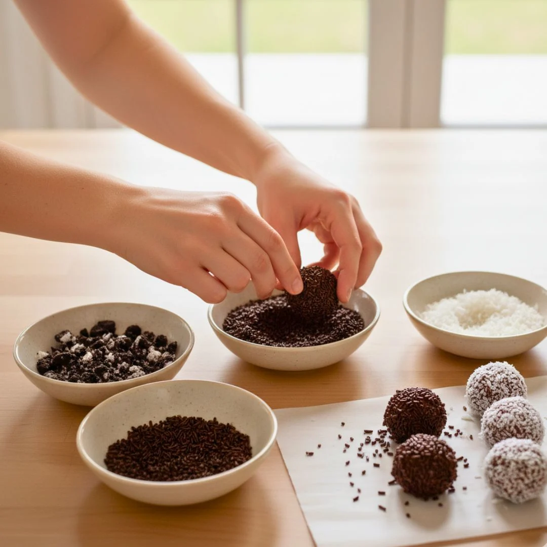 Coating brigadeiro in chocolate sprinkles