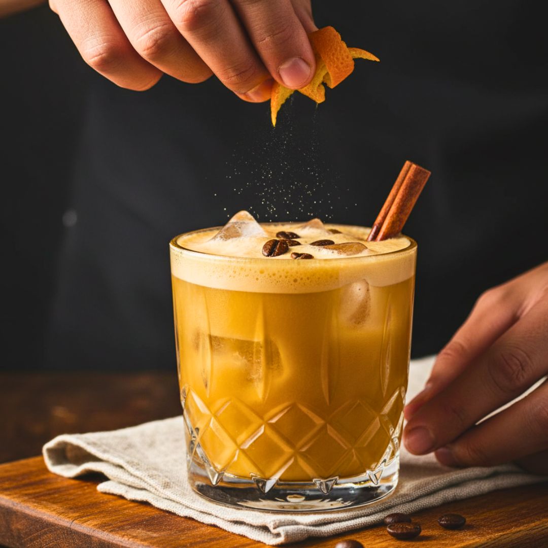 Garnishing a Carajillo with an orange peel and cinnamon stick