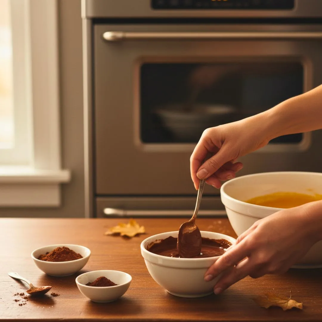 Chocolate swirl batter being mixed for pumpkin marble loaf
