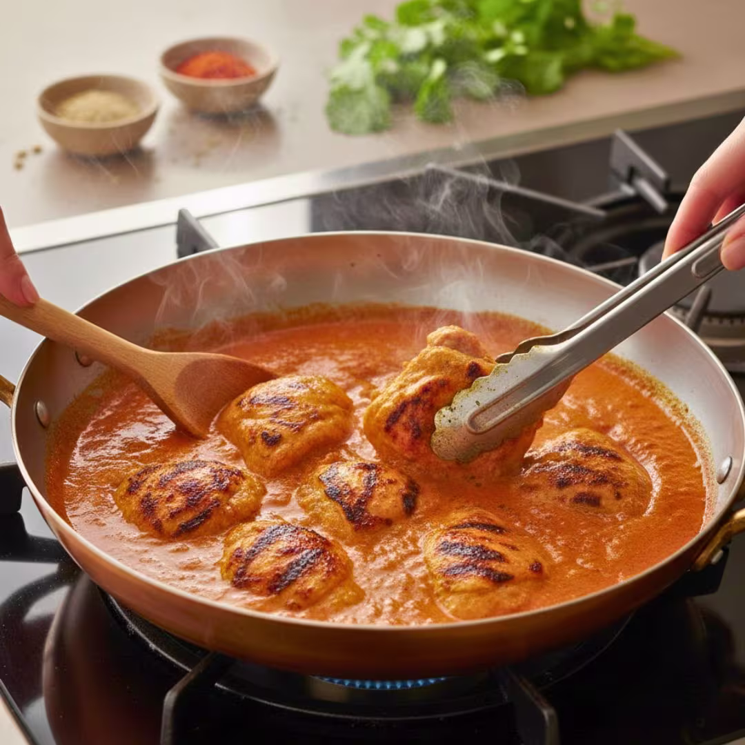 Grilled chicken pieces added to the smooth butter tomato gravy in a pot