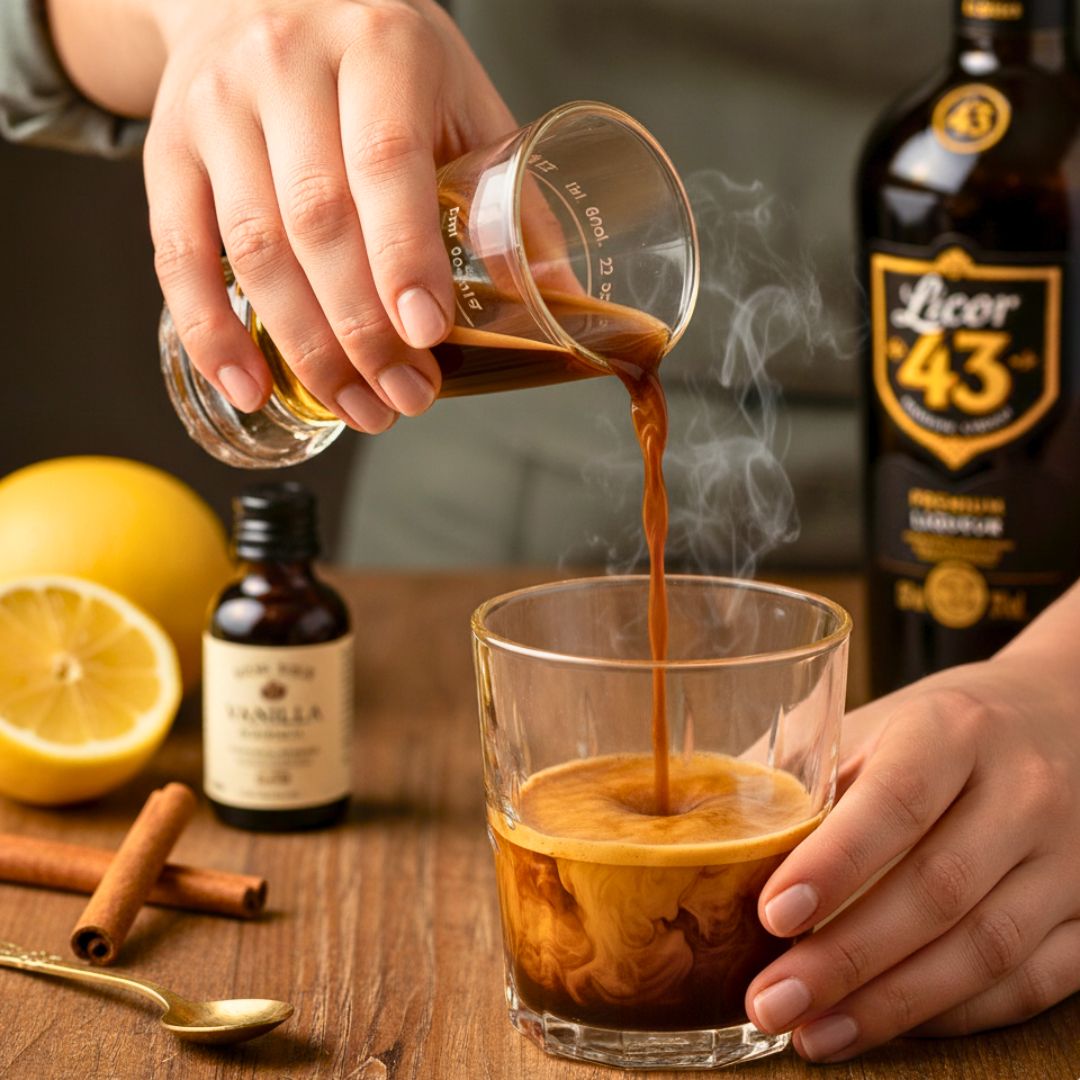 Pouring espresso over Licor 43 in a glass
