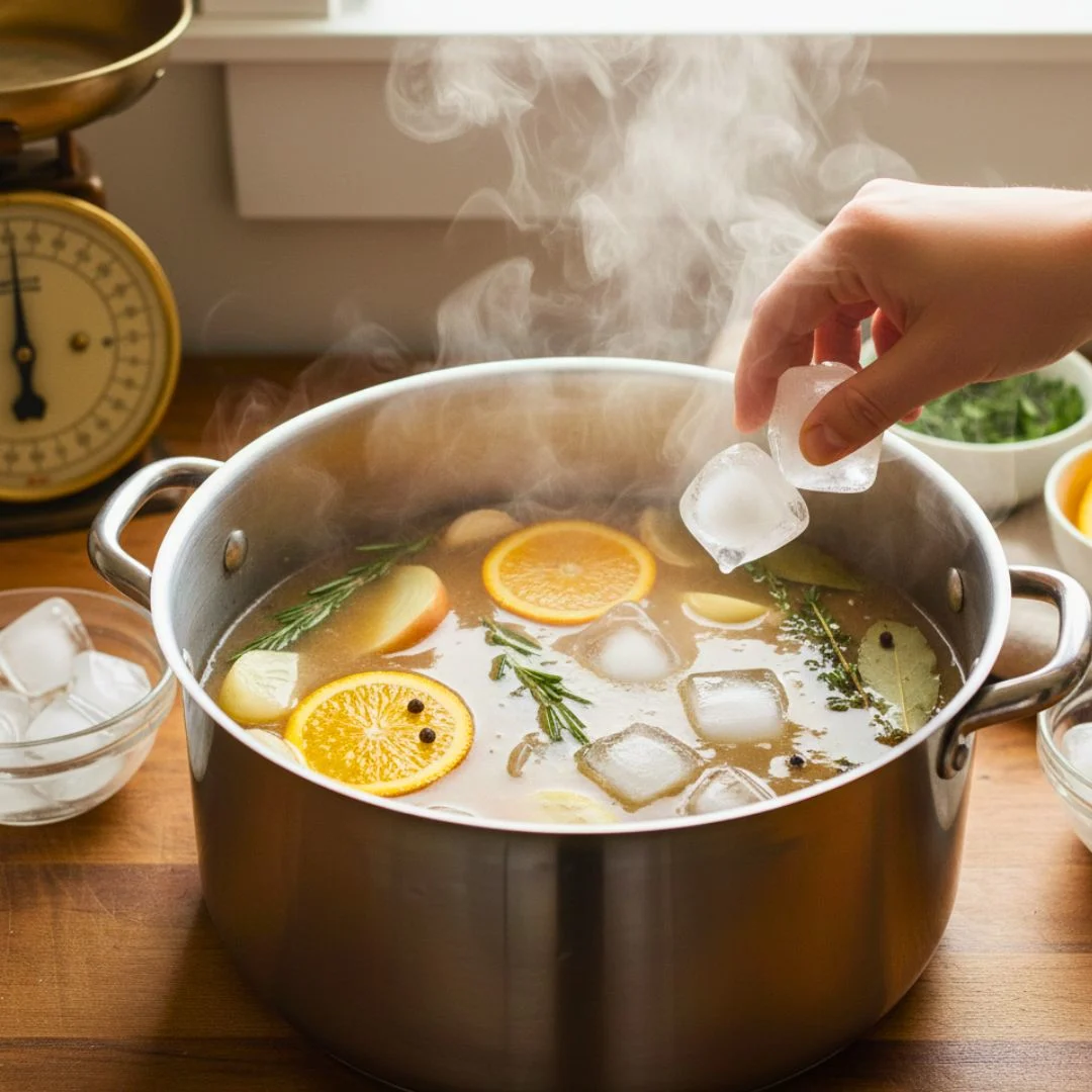 Chilling brine with ice cubes in pot