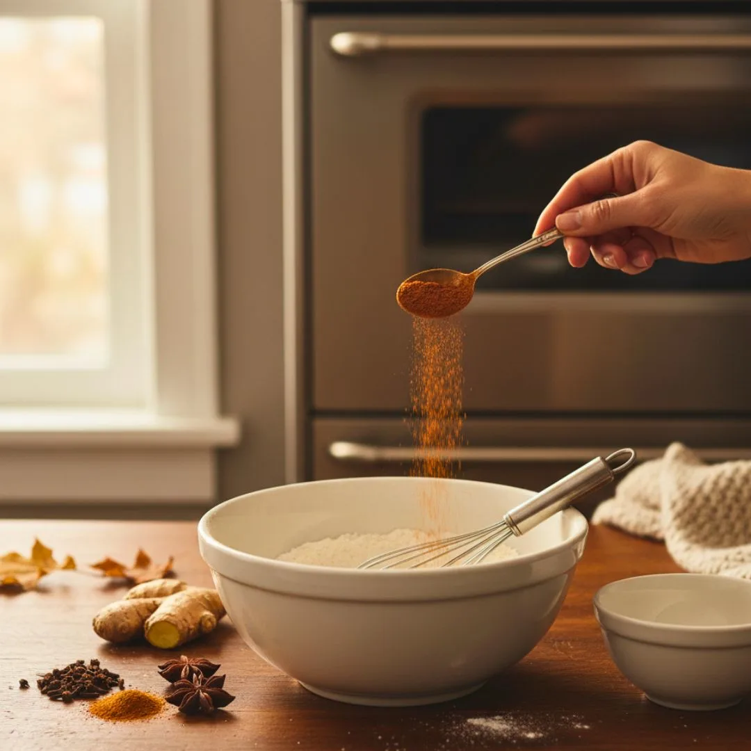 Dry ingredients whisked together for pumpkin loaf — flour, baking soda, cinnamon