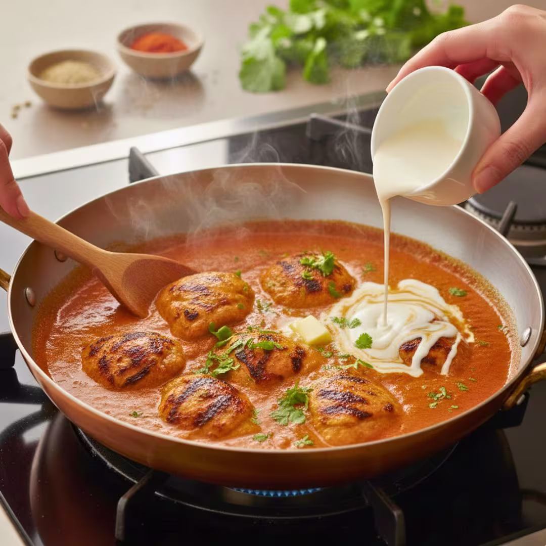 Finished restaurant style butter chicken in a bowl with a swirl of cream and cilantro garnish