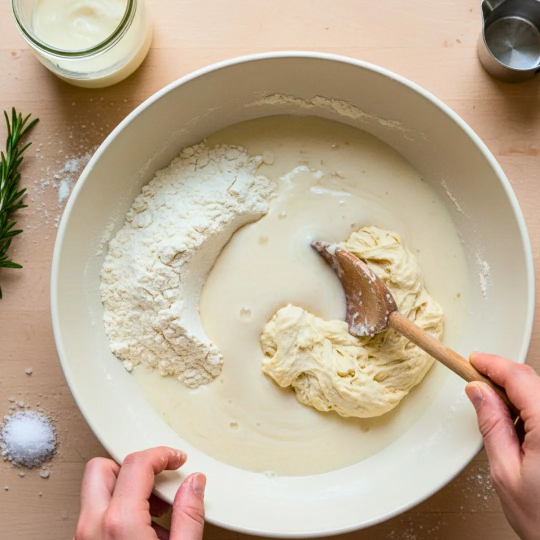 Mixing sourdough starter with water in a bowl to make focaccia dough