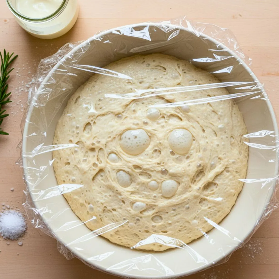 Dough resting in a covered bowl showing bubbles during bulk fermentation