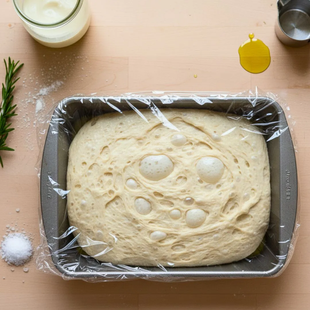 Dough proofing in the pan, getting puffy for second rise
