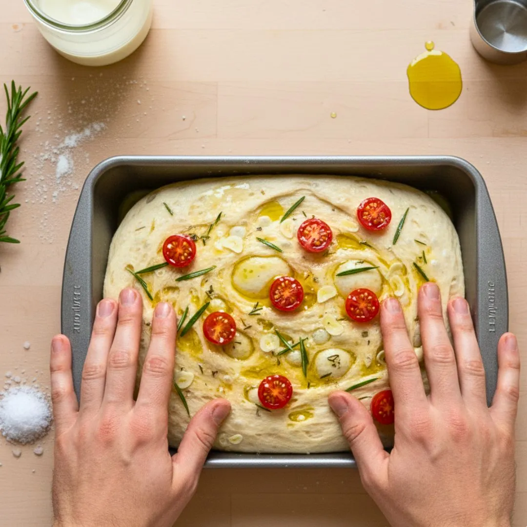 Using fingertips to create deep dimples in focaccia dough before baking