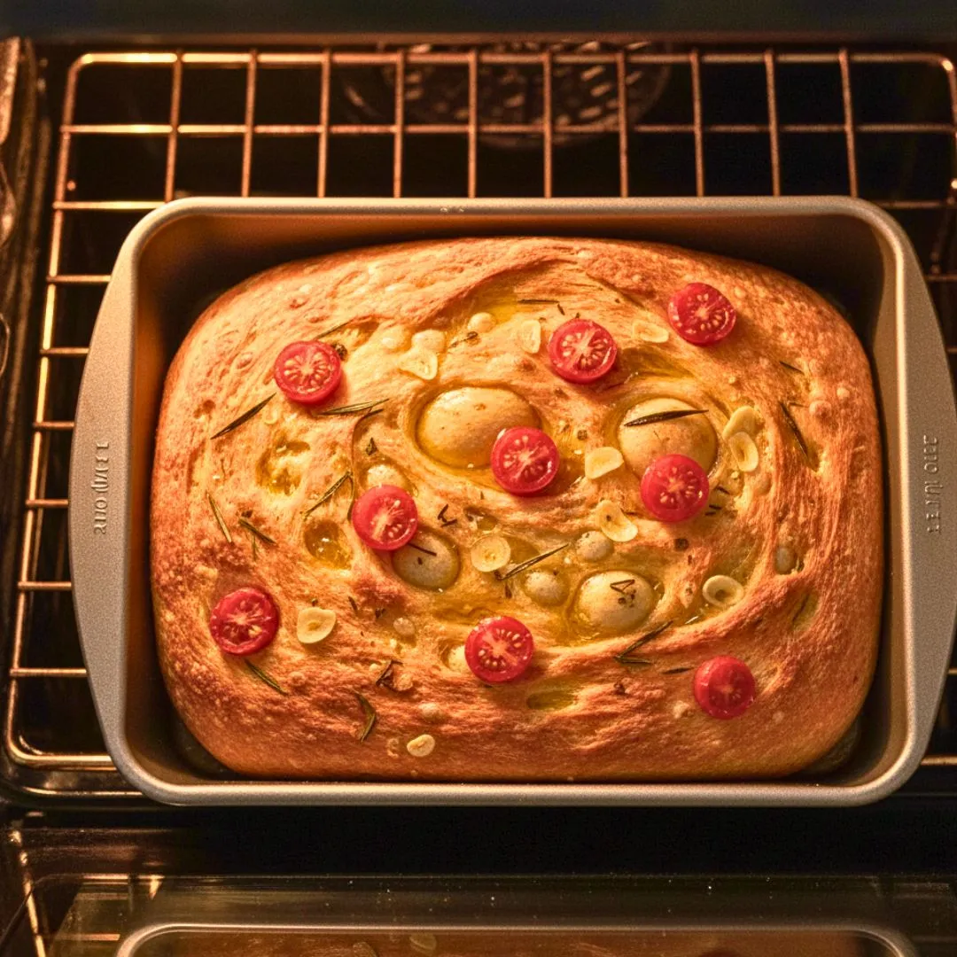 Golden sourdough focaccia baking in the oven on a tray