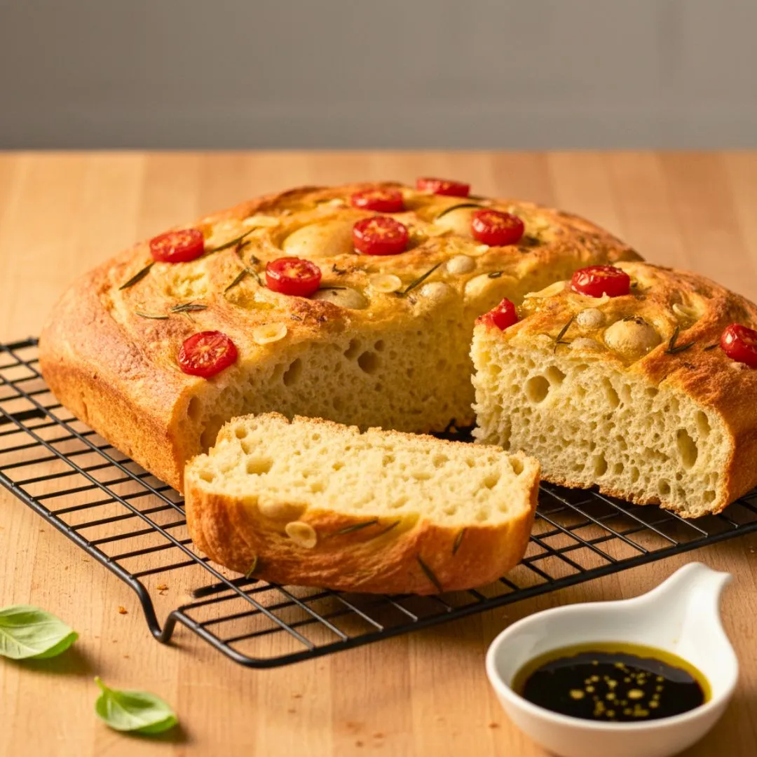 Cooling sourdough focaccia on a wire rack before slicing