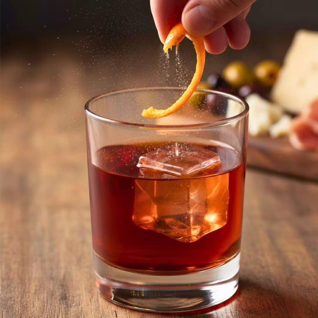 Expressing orange peel oil over a Negroni and garnishing the drink