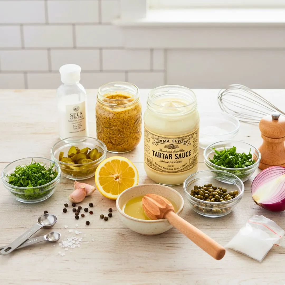 Ingredients for homemade tartar sauce: mayo, pickles, lemon, herbs, mustard