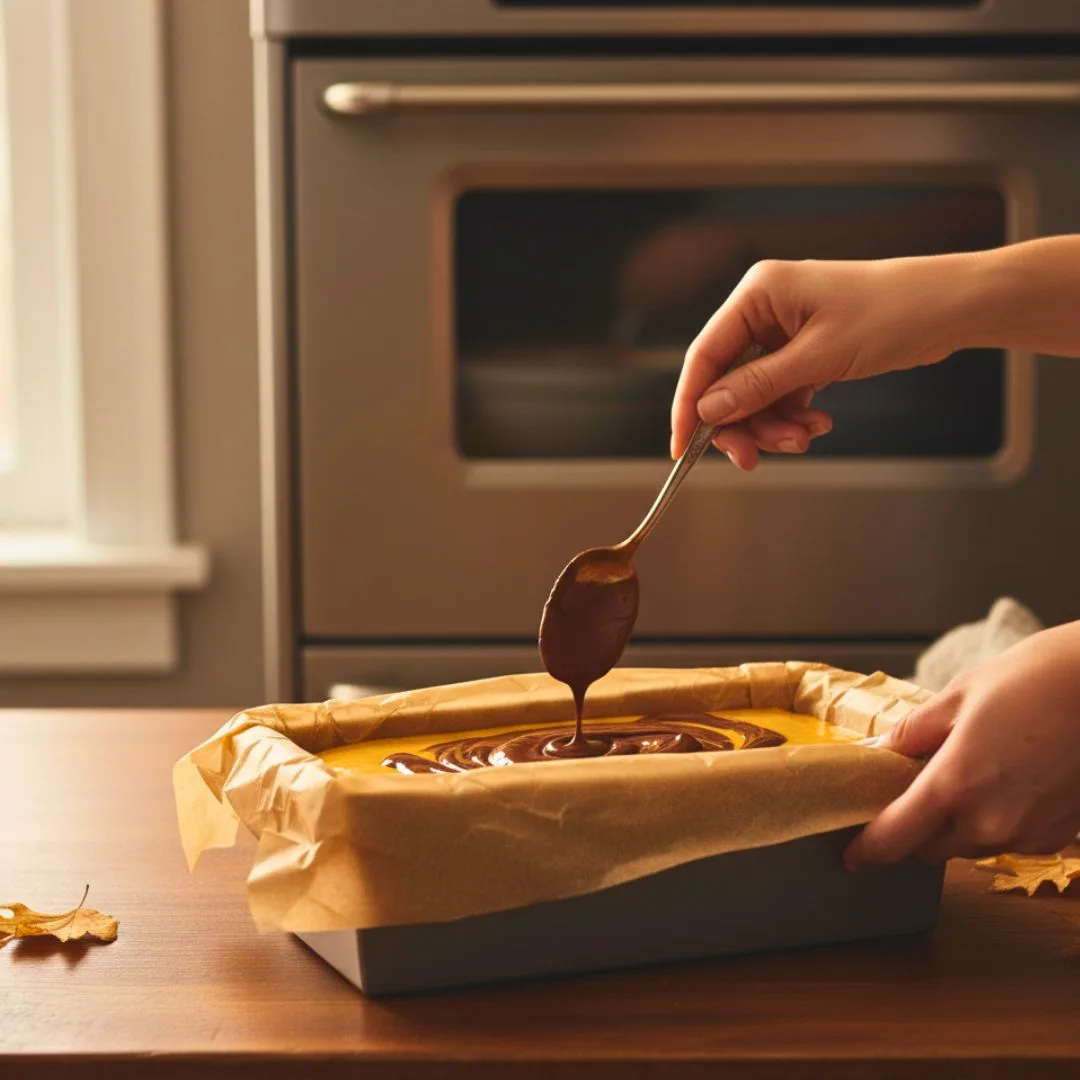 Layering pumpkin and chocolate batter into the loaf pan ready for marbling