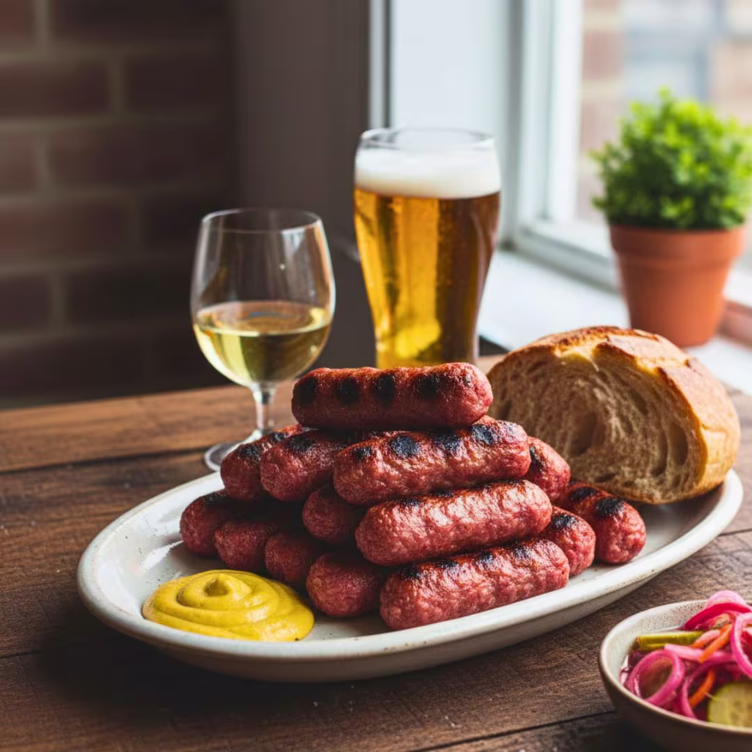 Serving mici with mustard and bread