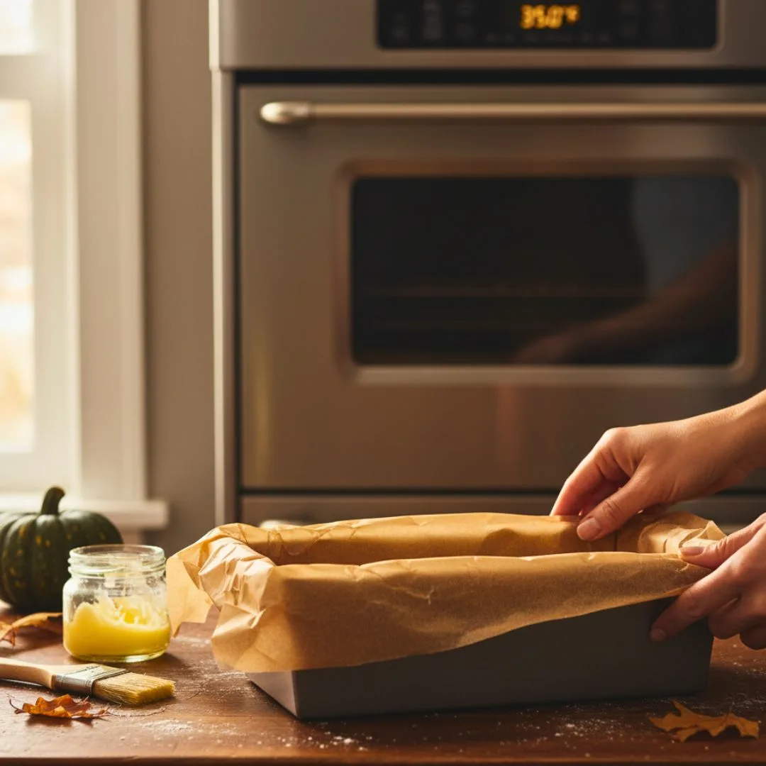 Greased 9x5 loaf pan lined with parchment for pumpkin marble loaf
