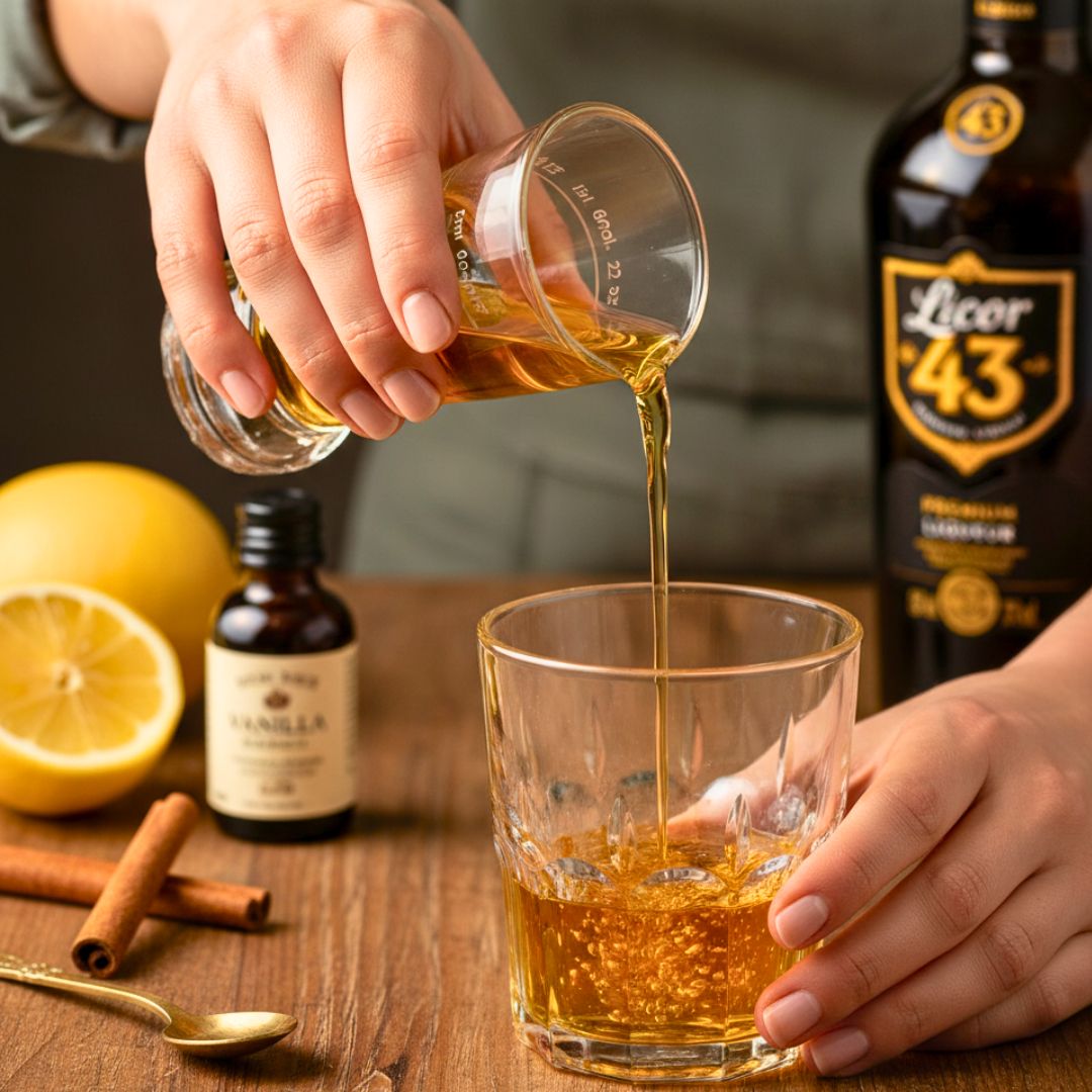 Pouring Licor 43 into a heatproof glass