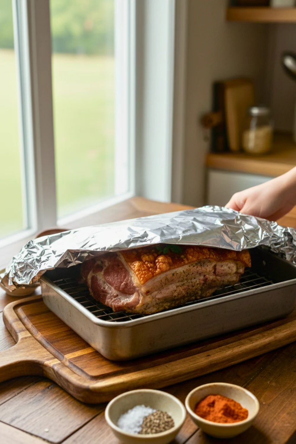 Step 5 - low and slow roasting pernil in the oven for tender results