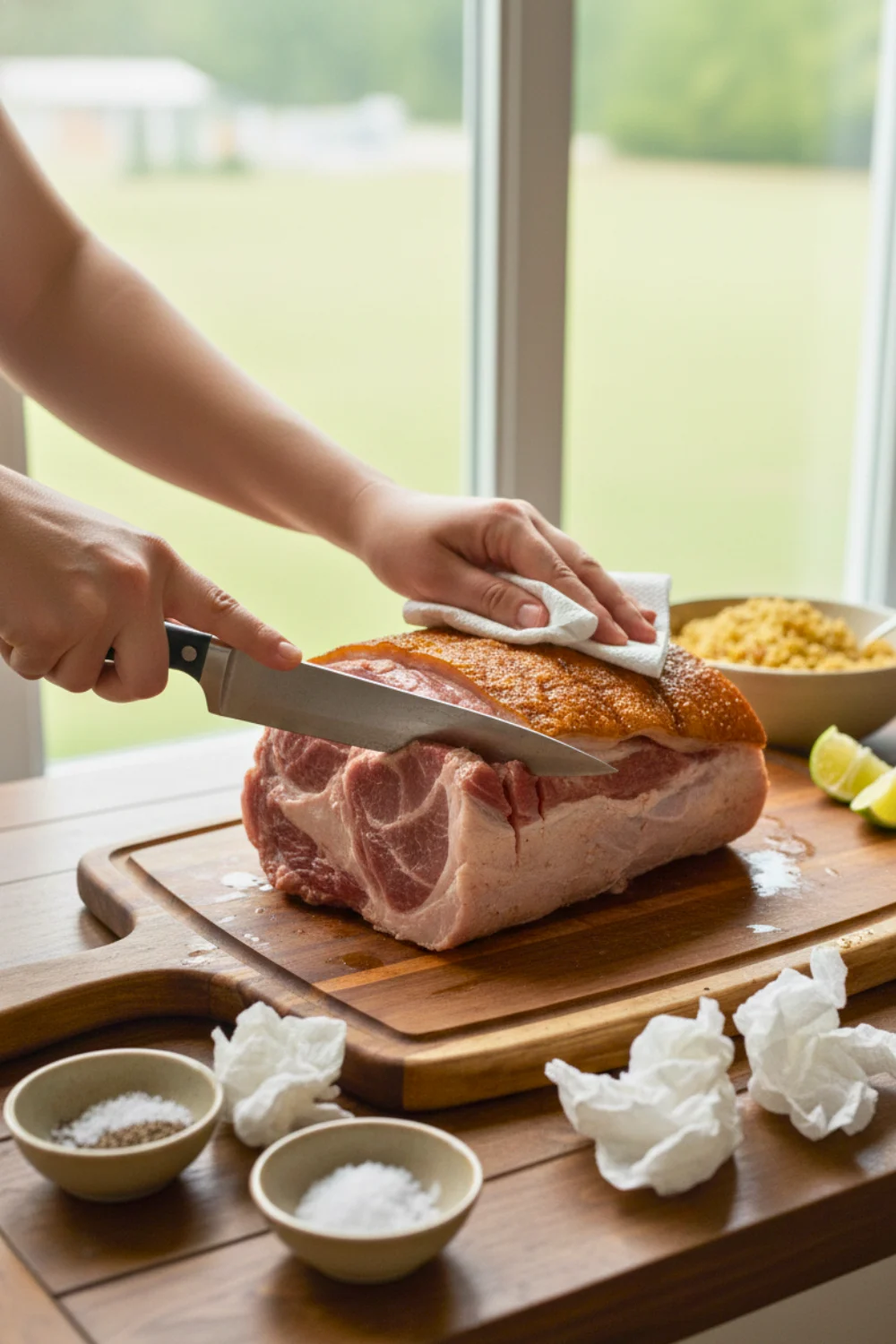 Step 2 - preparing pork shoulder for pernil, making deep slashes to absorb marinade