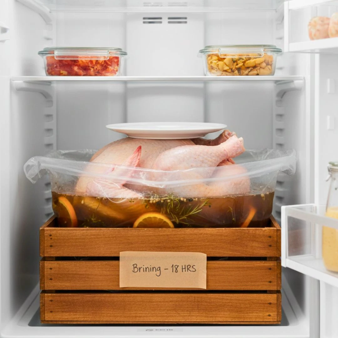 Turkey in fridge brining in a bag