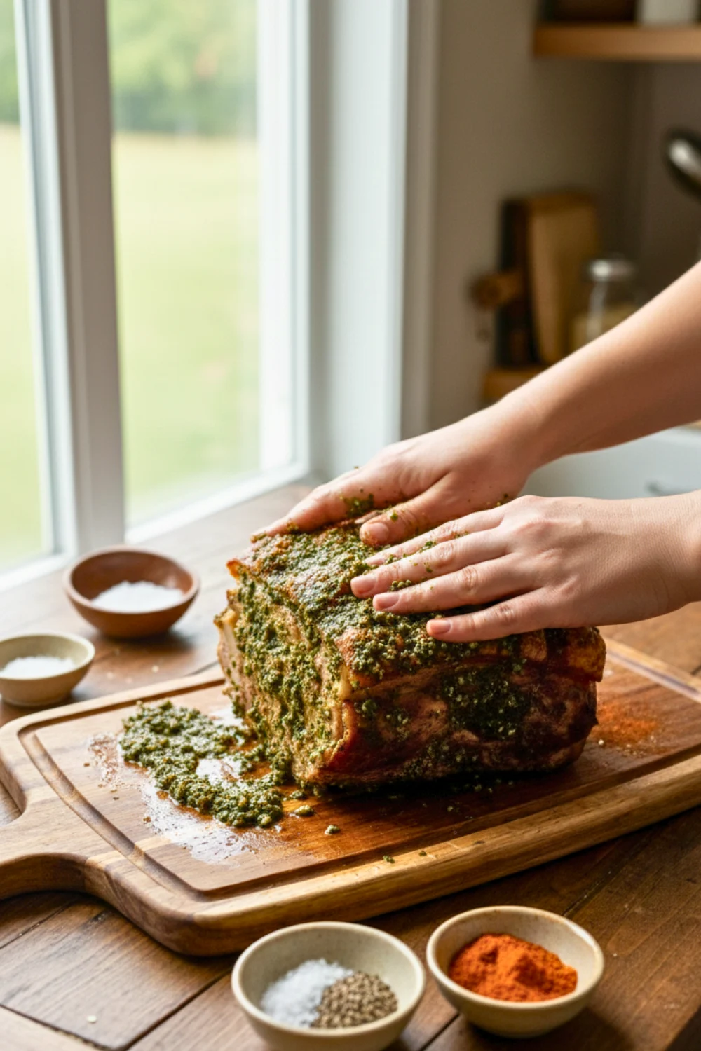 Step 3 - stuffing the pernil with garlic marinade and massaging rub into the pork